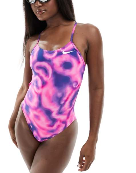 Nike – Hydrastrong – Enganliegender Sportbadeanzug mit rosa Print - view 1