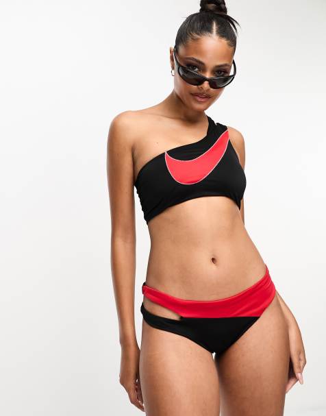 Nike Icon Sneakerkini asymmetrical bikini bottoms in black and red - view 1