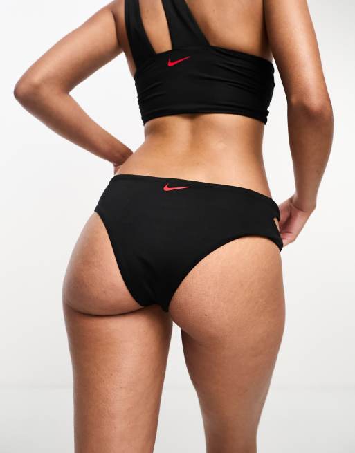 Nike Icon Sneakerkini asymmetrical bikini bottoms in black and red, 2 of 4