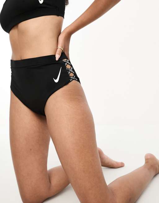 Nike Icon Sneakerkini high waist cheeky bikini bottoms in black, 2 of 4