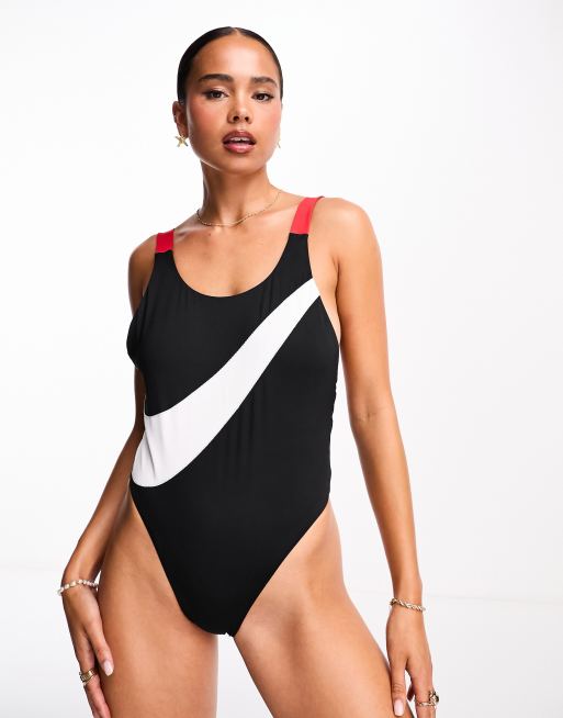 Nike Icon Swoosh Block scoop neck swimsuit in black and red, 2 of 4