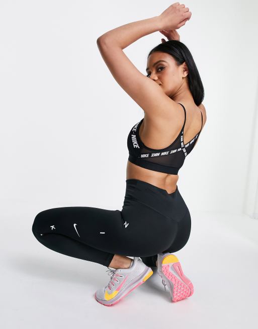Nike Indy Training light support logo taping sports bra in black, 2 of 4