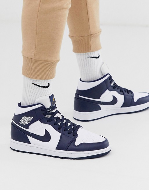 Nike Jordan - Air Jordan 1 - Baskets mi-montantes - Bleu marine et blanc