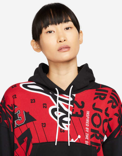 Nike Jordan Core Essentials all over print fleece hoodie in black/red