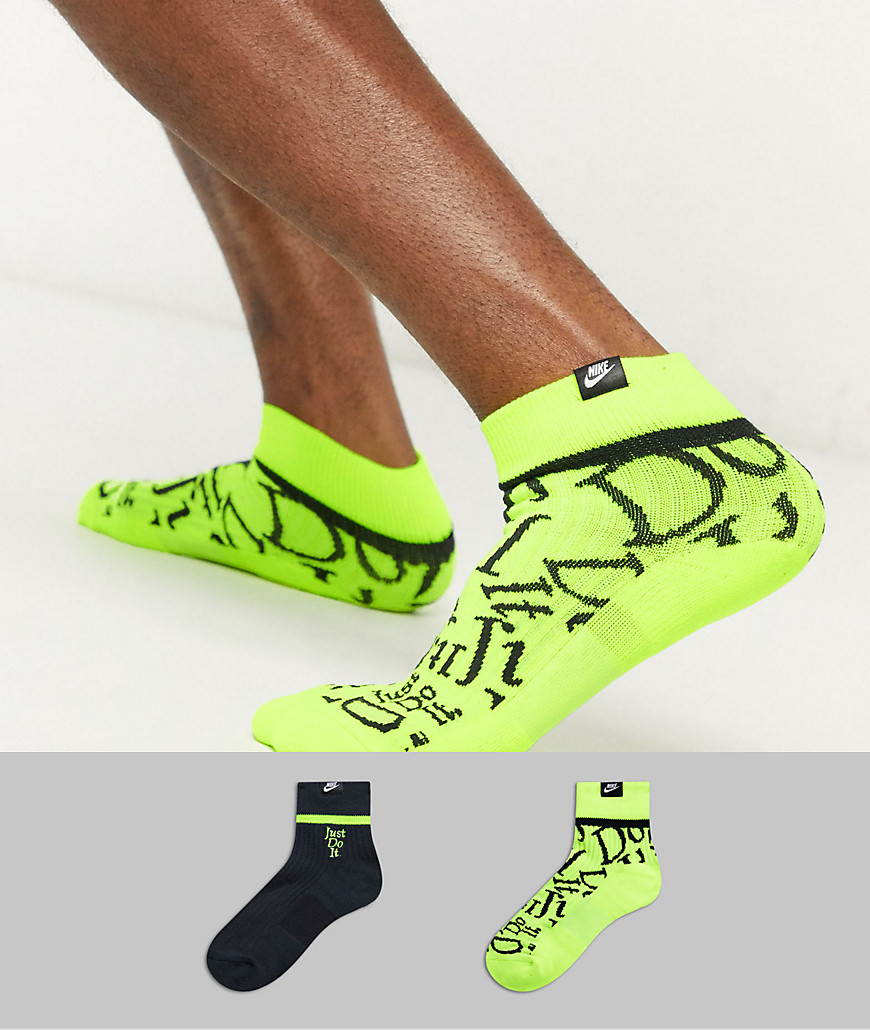 Nike – Just Do It – 2-pack neongula och svarta ankelstrumpor