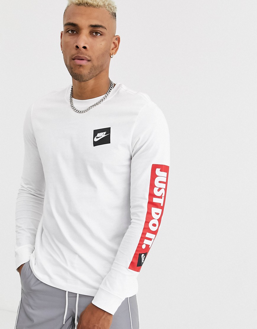 Nike - Just Do It - T-shirt a maniche lunghe bianca con stampa sulla manica-Bianco