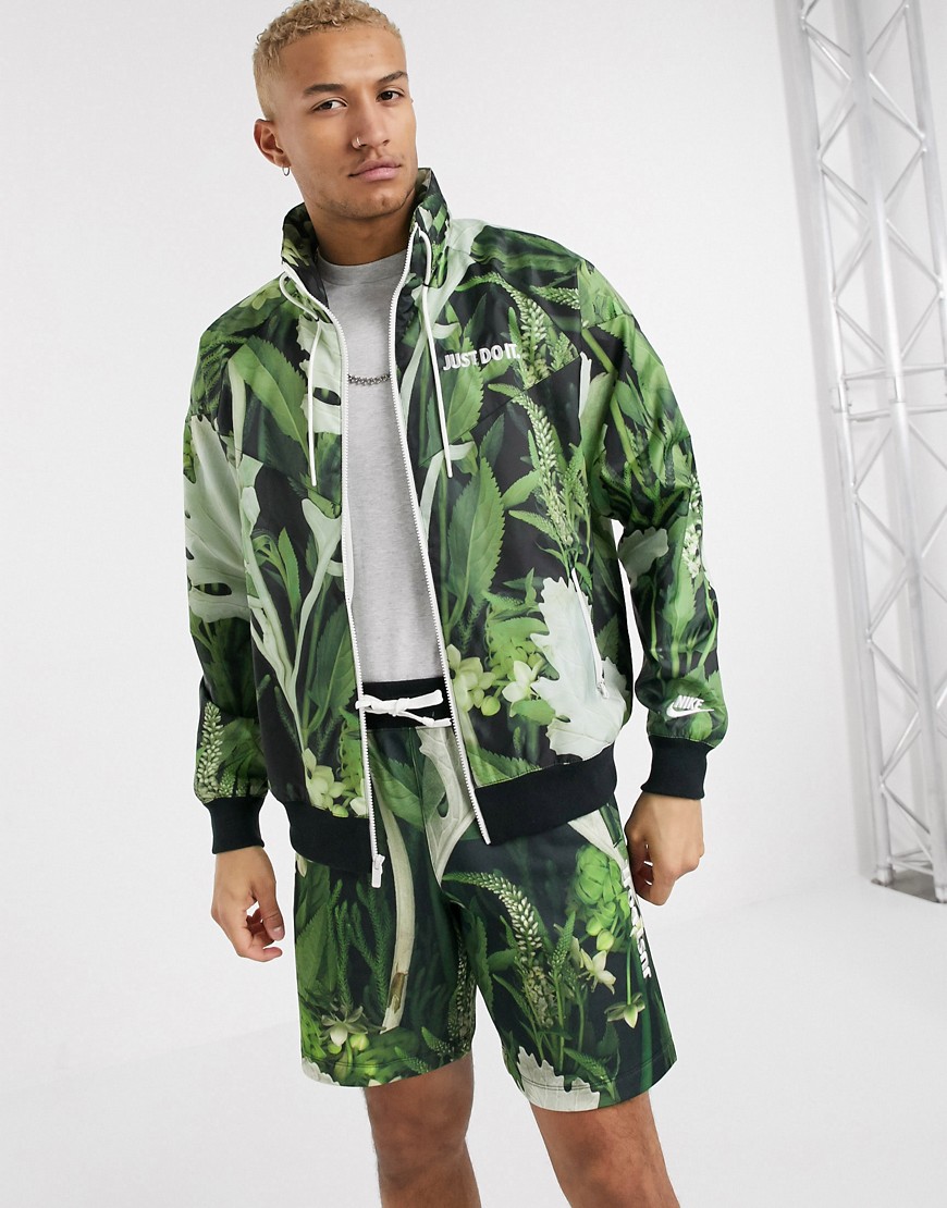 Nike Just Do It Zip-through Windbreaker Jacket In Tropical Leaf Print-green