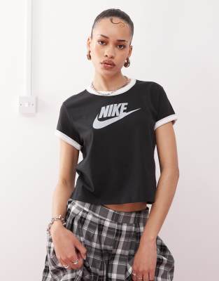 Nike - Knapp geschnittenes Ringer-T-Shirt mit Vintage-Design in Schwarz und Weiß