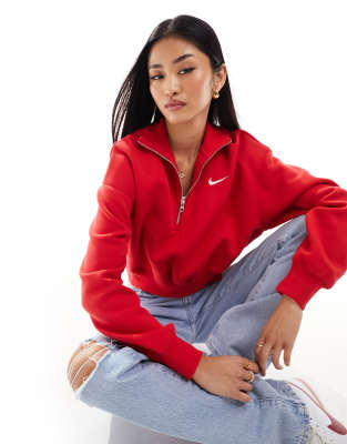 Nike - Kurzes Fleece-Sweatshirt in Rot mit kurzem Reißverschluss und kleinem Swoosh-Logo