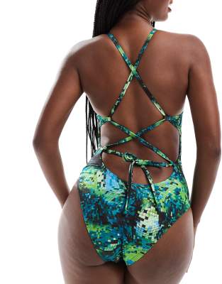 Nike Swimming Nike lace up printed tight fit performance swimsuit in dark green