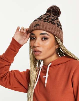 Pom Pom Leopard Print Beanie in Taupe