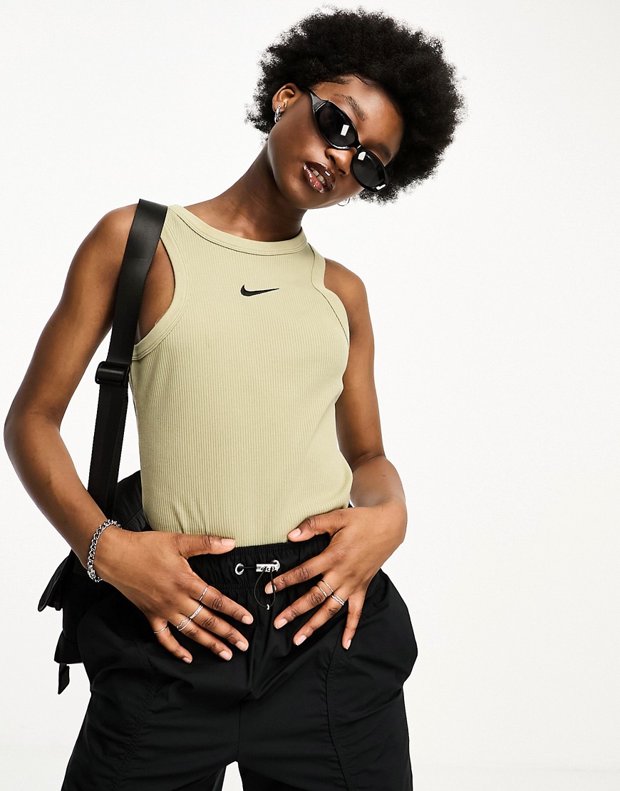 Nike Life Trend rib tank vest top in neutral olive-Green