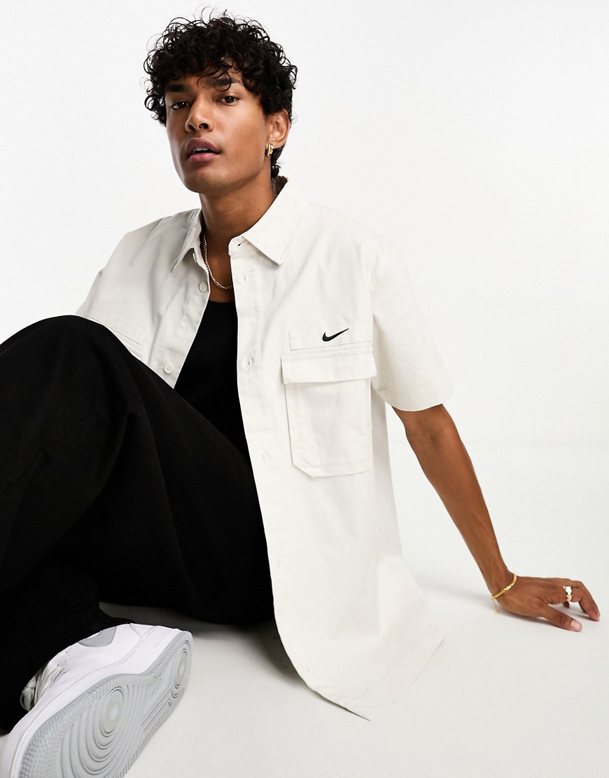 Nike Life woven button down military shirt in stone-Neutral