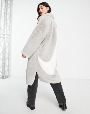 Nike long faux fur swoosh coat in iron grey and white