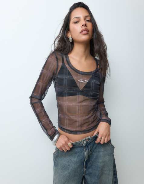 Nike long sleeve mesh plaid top in black - view 1