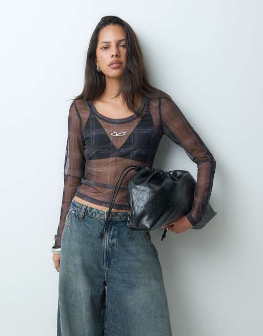 Nike long sleeve mesh plaid top in black, 3 of 5