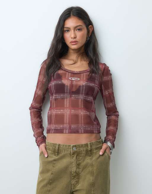 Nike long sleeve mesh plaid top in burgundy, 2 of 5
