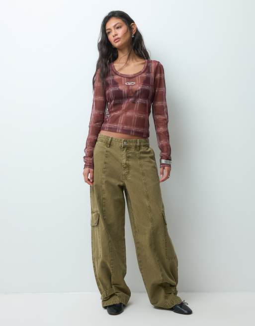 Nike long sleeve mesh plaid top in burgundy, 3 of 5