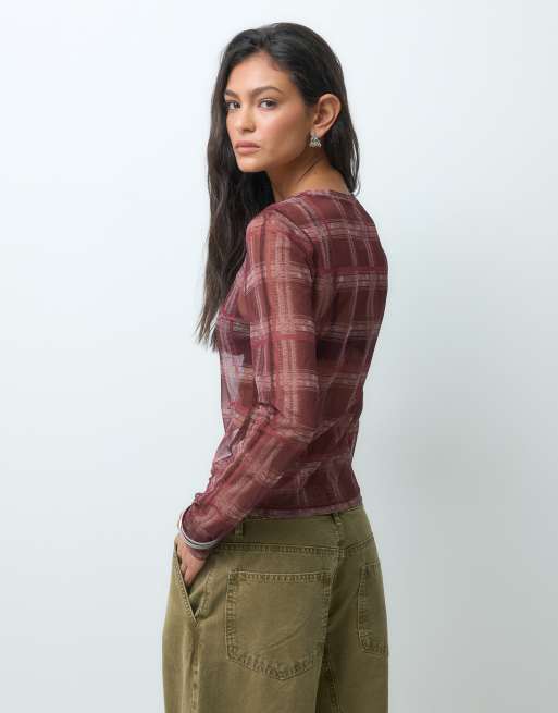 Nike long sleeve mesh plaid top in burgundy, 5 of 5