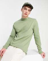 ASOS DESIGN muscle fit ribbed mock neck t-shirt with zip in tan