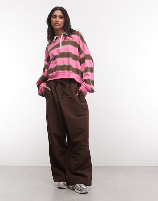 Nike long sleeve striped polo top in pink and brown, 2 of 4