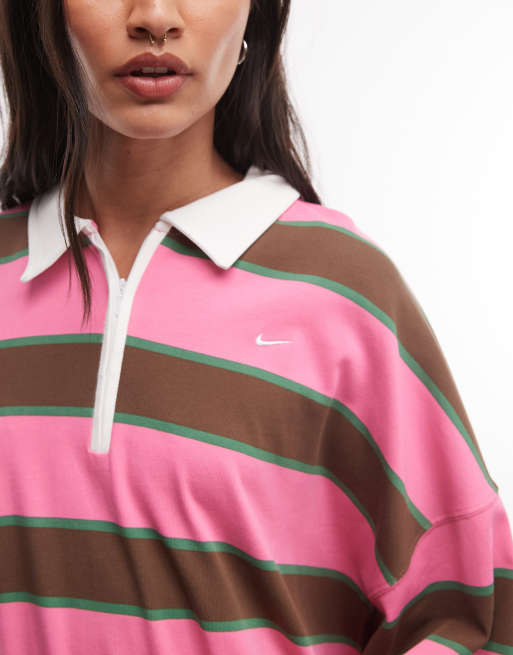 Nike long sleeve striped polo top in pink and brown, 3 of 4