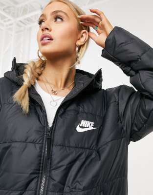 nike longline padded jacket with back swoosh in black