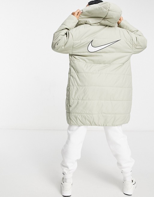 Nike longline padded jacket with back swoosh in stone