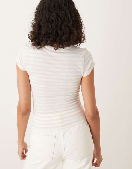 Nike longline striped T-shirt in beige and white , 3 of 4