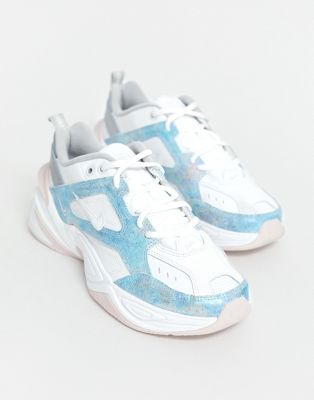 nike m2k tekno trainers in iridescent pink and blue