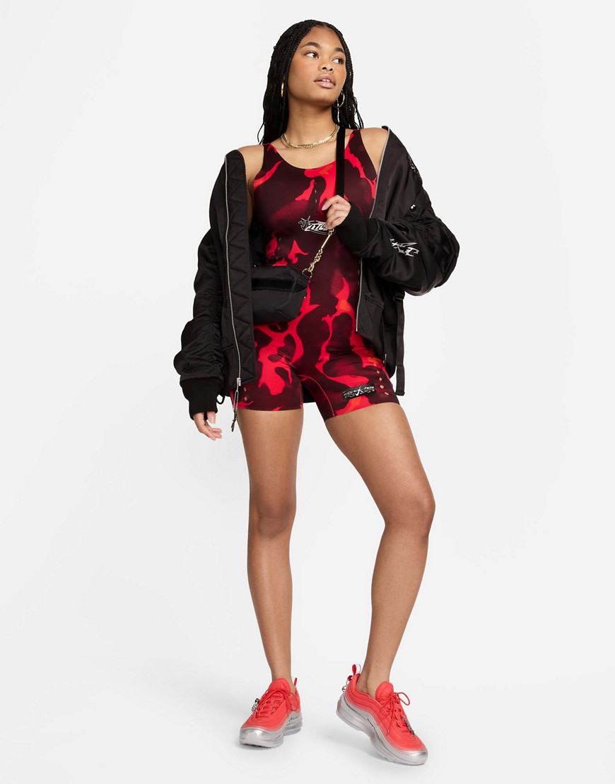 Megan Thee Stallion flame print 5 inch unitard in black and red