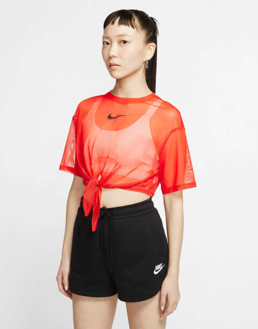 Nike mesh tie front crop t-shirt in orange | ASOS