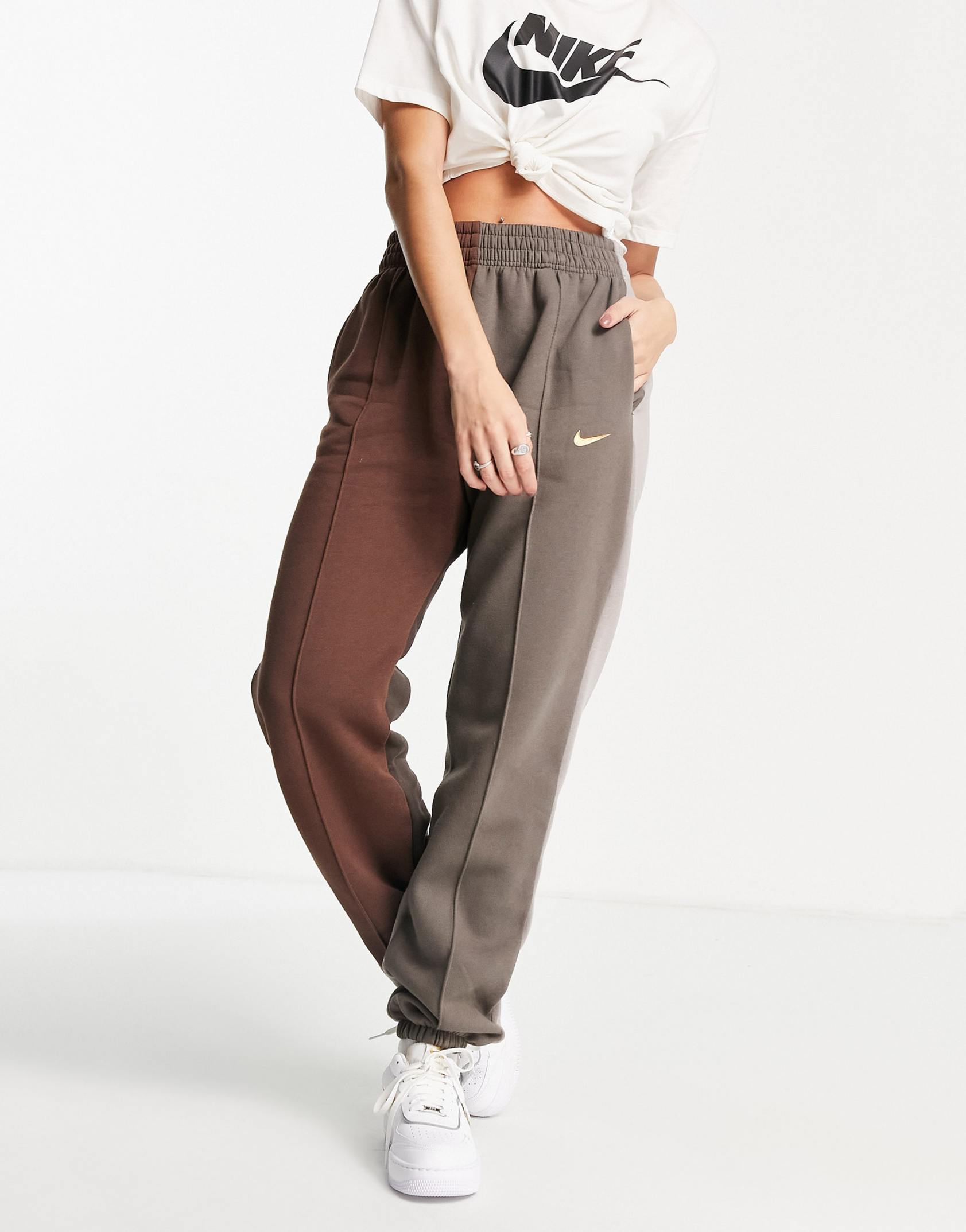 Nike Metallic Swoosh colour block joggers in brown and dark