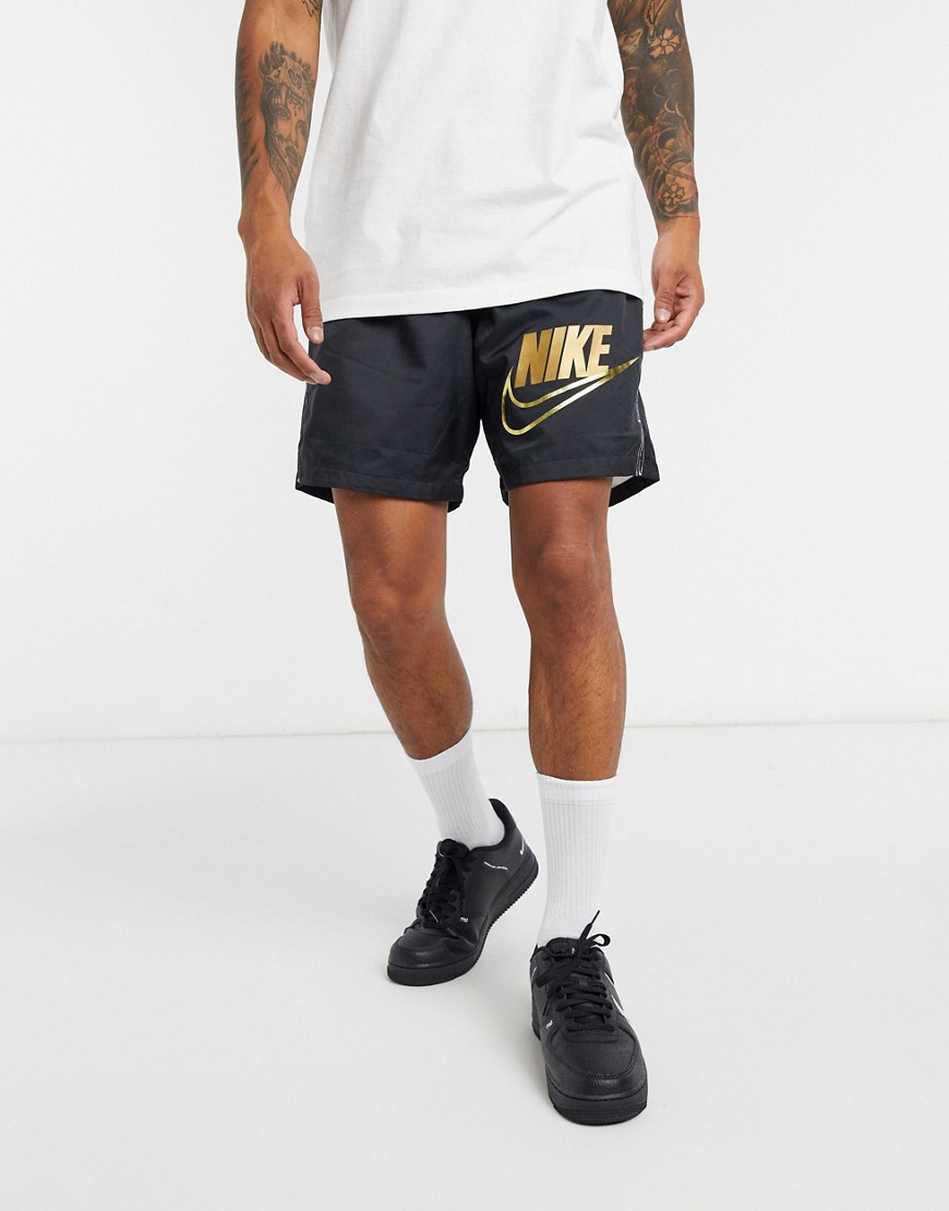 Nike Metallic Woven Shorts With Gold Logo In Black
