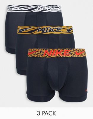 Nike microfiber 3 pack trunks in black with animal print waistband