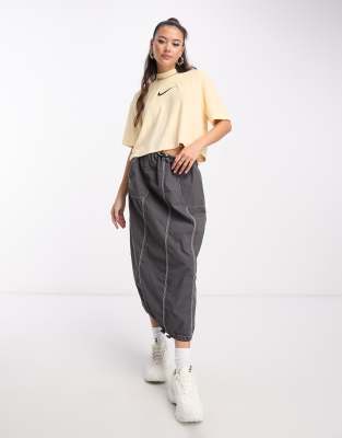 Nike Nike midi swoosh mock terry crop t-shirt in pale vanilla-White