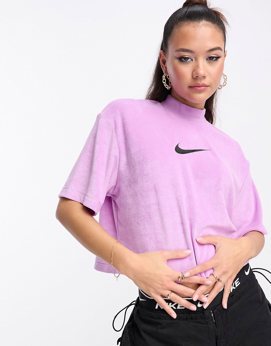 Nike midi swoosh mock terry crop t-shirt in rush fuchsia-Purple