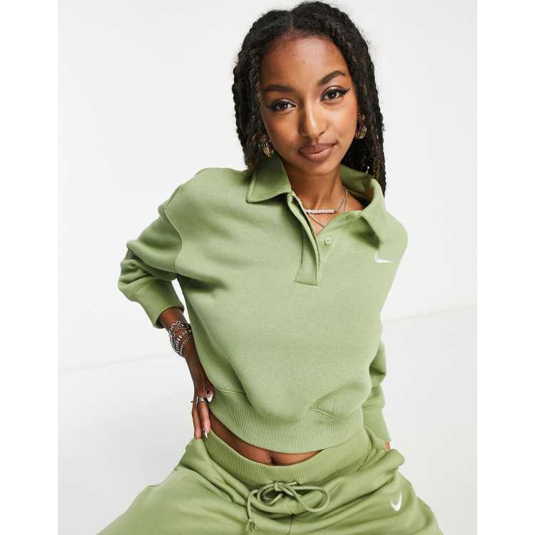Nike mini swoosh cropped polo sweatshirt in alligator green | ASOS