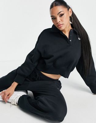 Nike mini swoosh cropped polo sweatshirt in black and sail