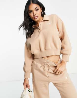 Nike mini swoosh cropped polo sweatshirt in hemp brown