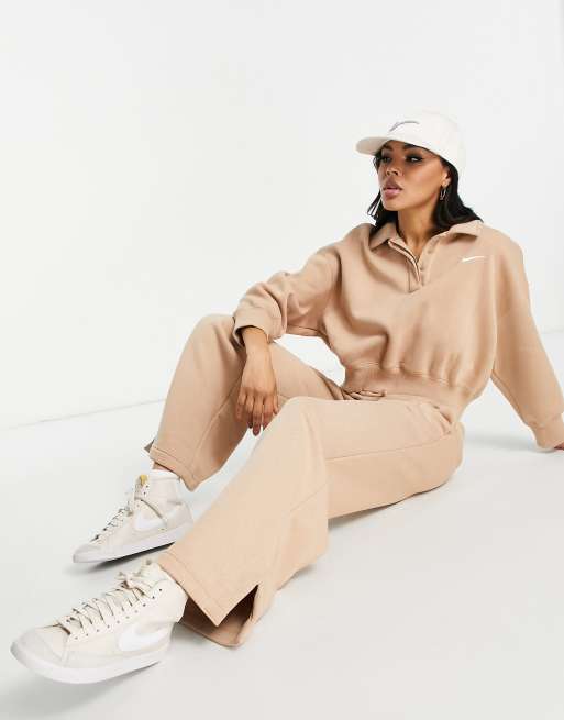 Nike Mini Swoosh wide leg joggers in taupe