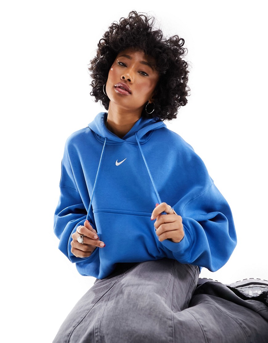 Nike mini swoosh extra oversized crop fleece hoodie in star blue