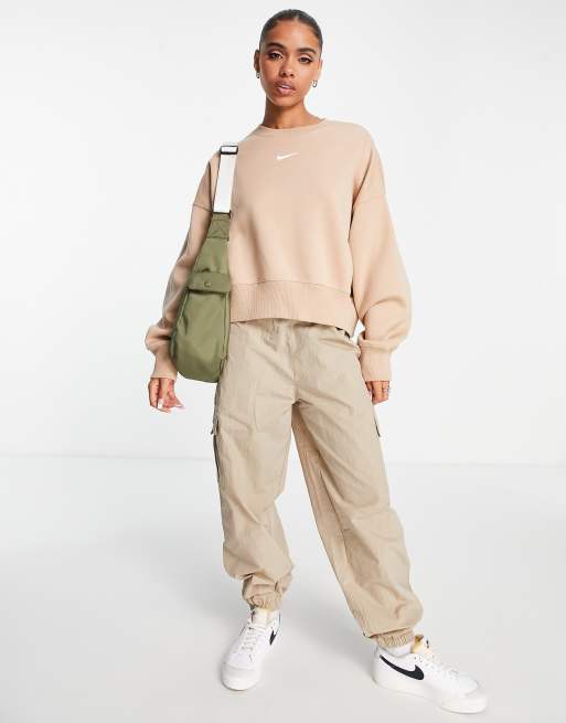 Nike mini swoosh extra oversized crop sweatshirt in hemp brown | ASOS