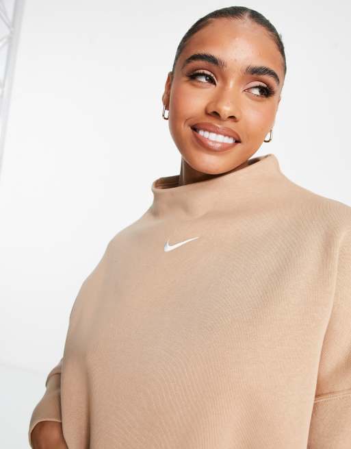 Nike mini swoosh extra oversized mock neck sweatshirt in hemp brown