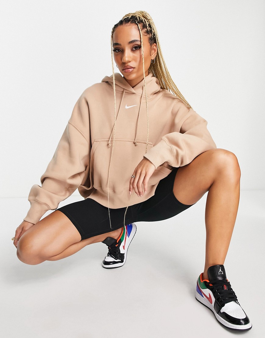 Nike mini swoosh extra oversized pullover hoodie in hemp brown