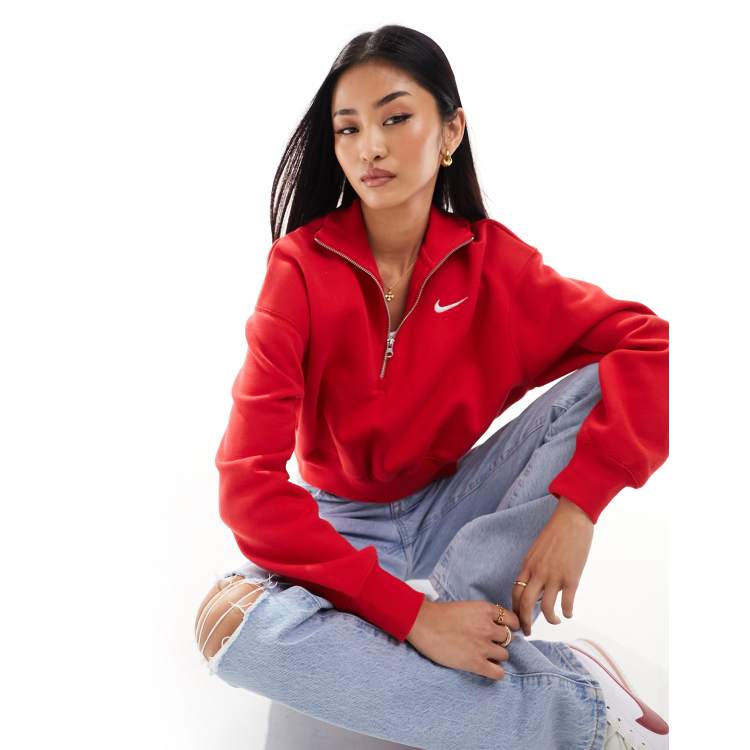 Nike mini swoosh half zip crop fleece sweatshirt in red