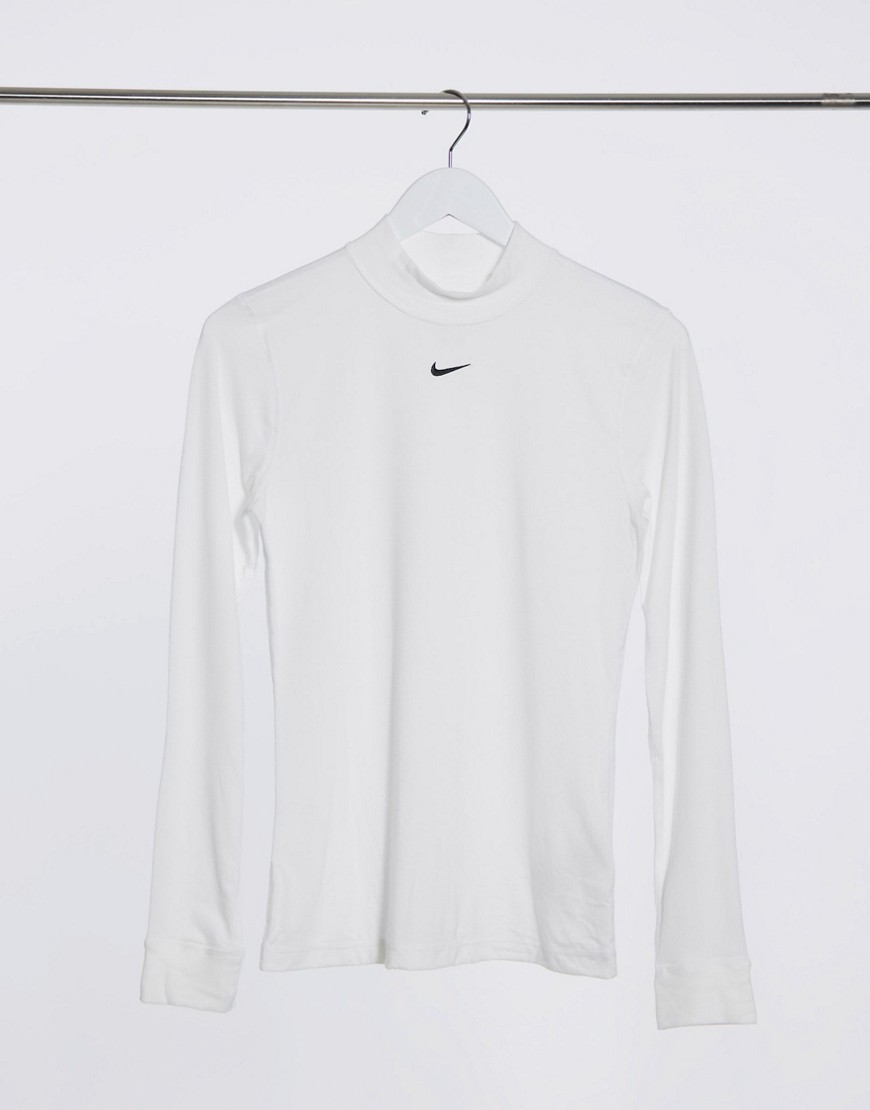 Nike mini swoosh high neck long sleeve top in white
