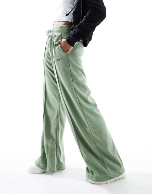 Nike mini swoosh high rise wide leg jersey trousers in oil green