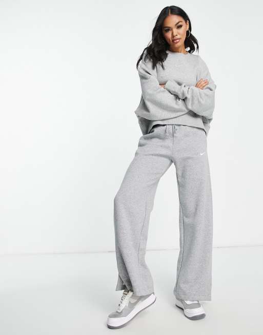 Nike Mini Swoosh wide leg joggers in taupe, ASOS