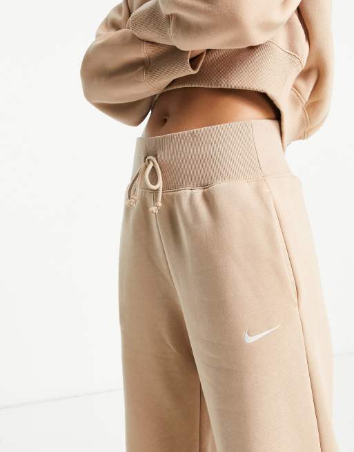 Nike Mini Swoosh wide leg joggers in taupe, ASOS